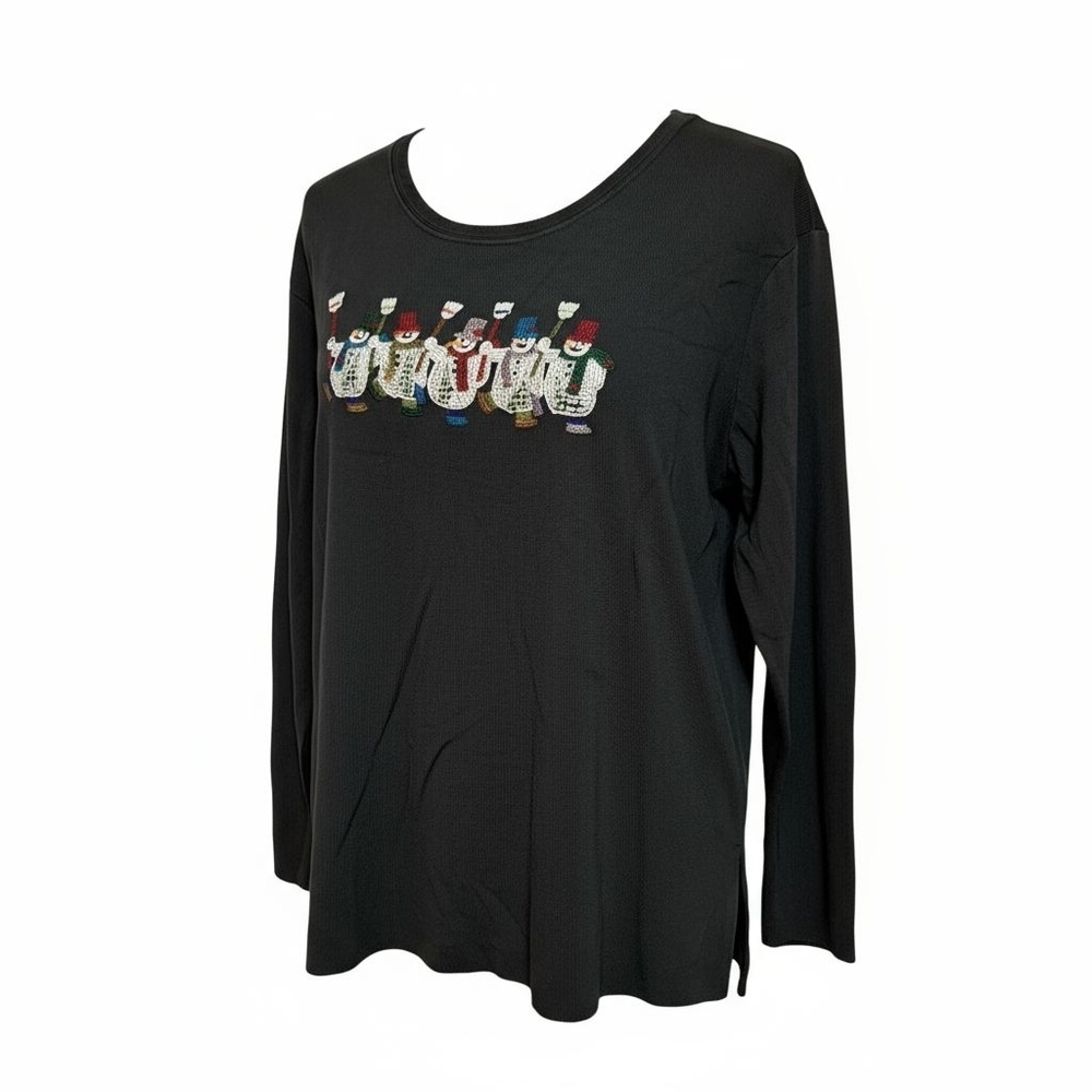 Lisa International Black Ribbed Sweater w/ Beaded Snowmen Applique 2X DAMAGED